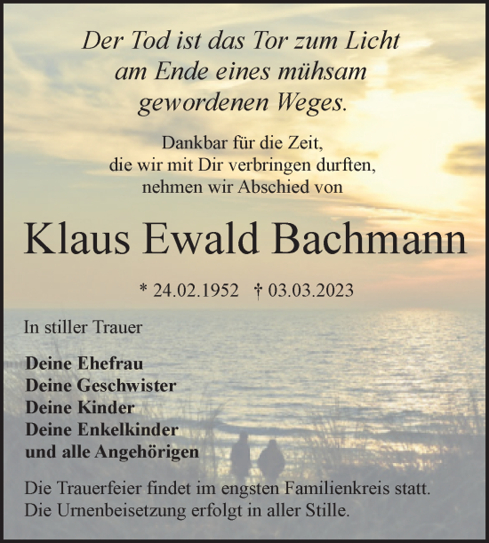 Traueranzeige von Klaus Ewald Bachmann von Trauerkombi Bitterfeld