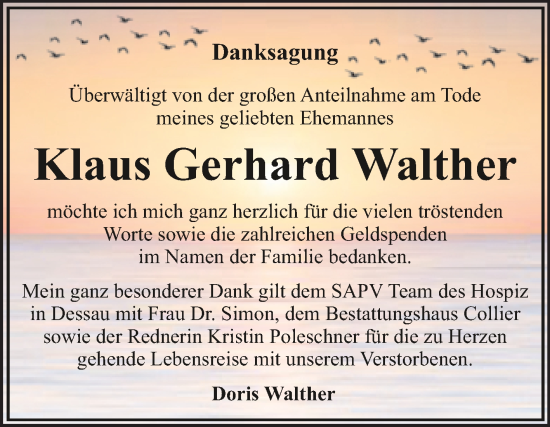 Traueranzeige von Klaus Gerhard Walther von Trauerkombi Dessau