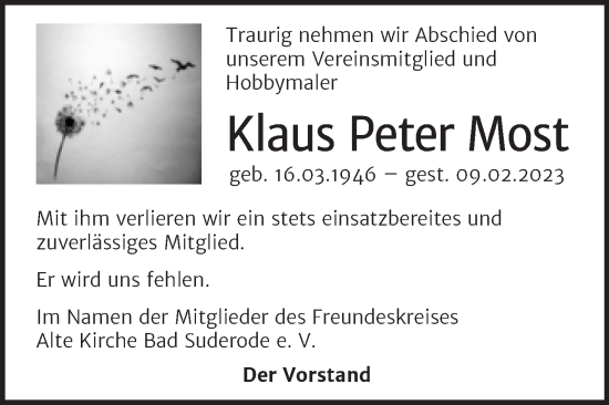 Traueranzeige von Klaus Peter Most von Trauerkombi Quedlinburg