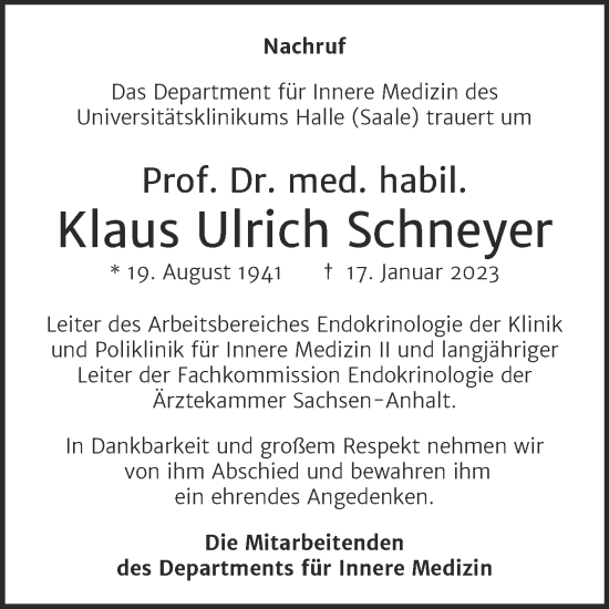 Traueranzeige von Klaus Ulrich Schneyer von Mitteldeutsche Zeitung Halle/Saalkreis