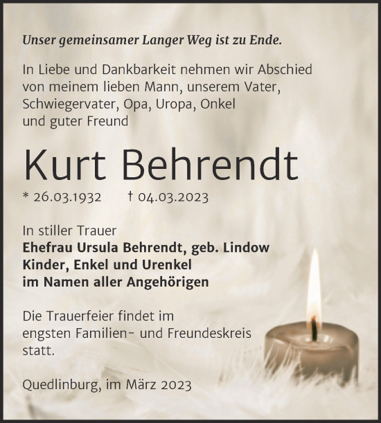 Traueranzeige von Kurt Behrendt von Trauerkombi Quedlinburg