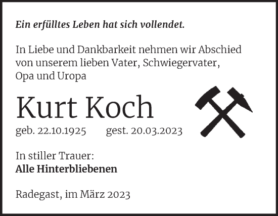 Traueranzeige von Kurt Koch von Trauerkombi Köthen