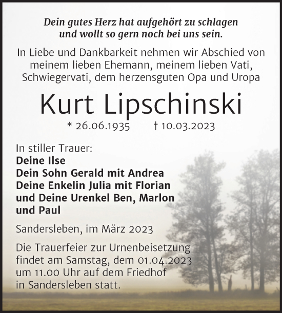 Traueranzeige von Kurt Lipschinski von Trauerkombi Mansfelder Land