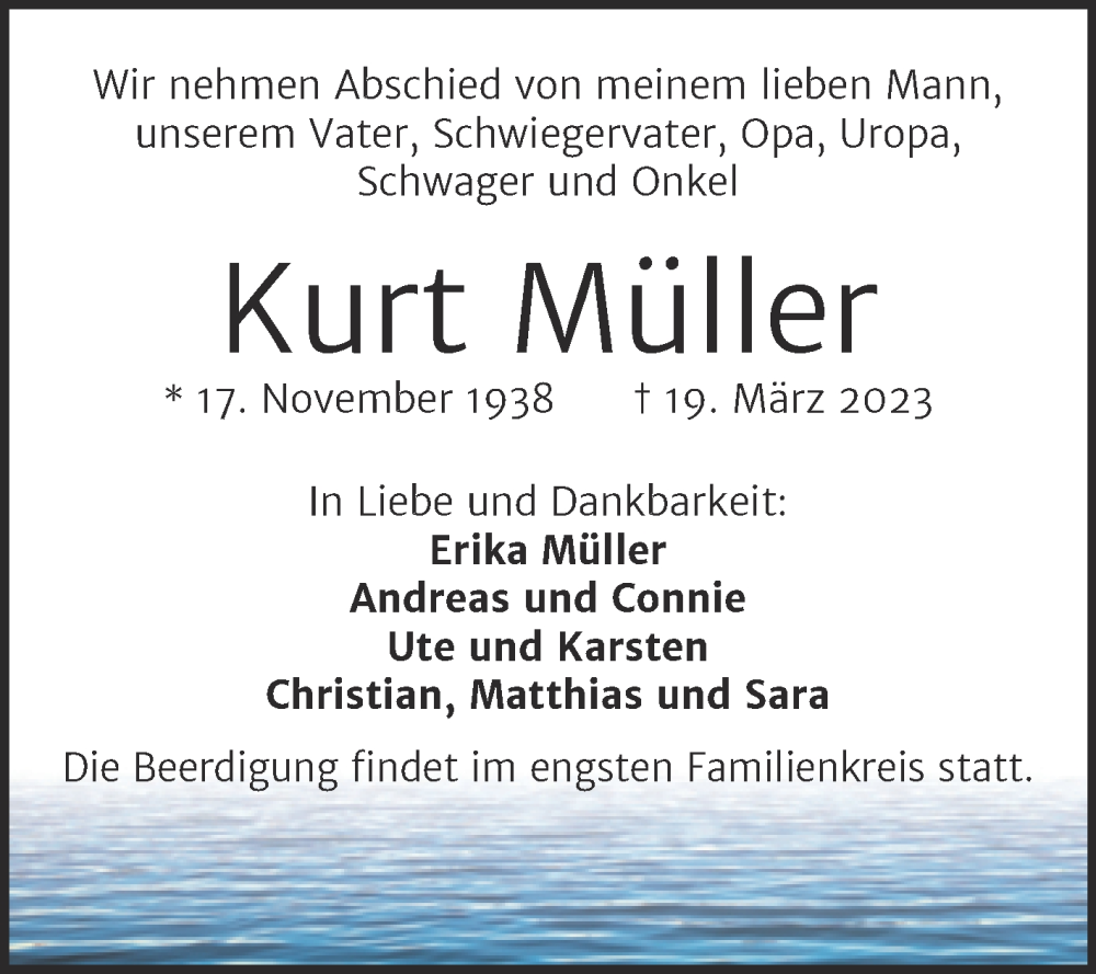  Traueranzeige für Kurt Müller vom 25.03.2023 aus Mitteldeutsche Zeitung Halle/Saalkreis