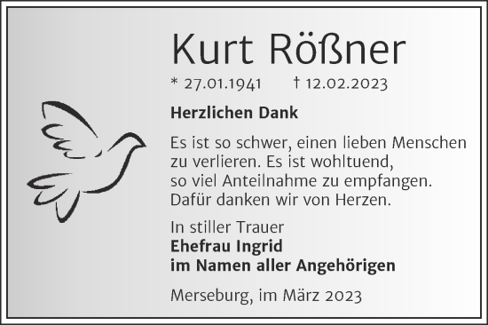 Traueranzeige von Kurt Rößner von Trauerkombi Merseburg