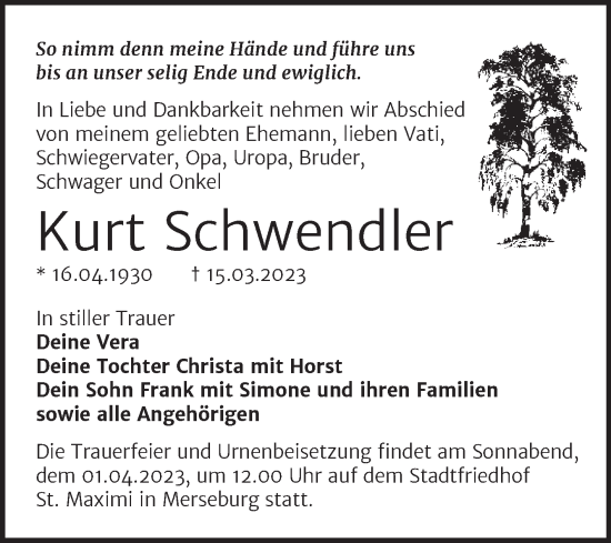 Traueranzeige von Kurt Schwendler von Trauerkombi Merseburg