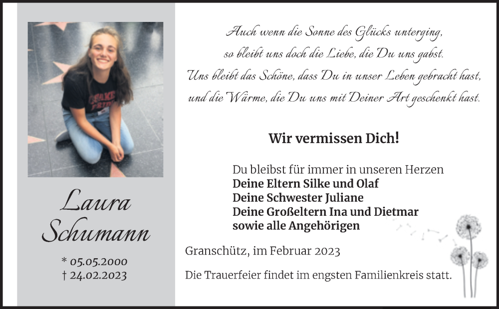  Traueranzeige für Laura Schumann vom 08.03.2023 aus Trauerkombi Weißenfels
