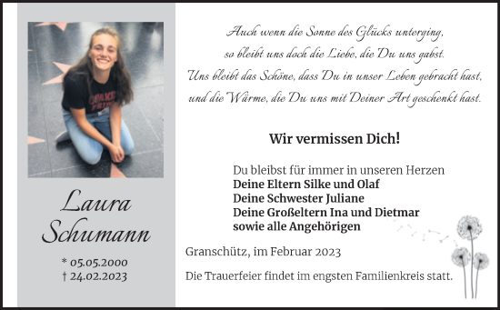 Traueranzeige von Laura Schumann von Trauerkombi Weißenfels