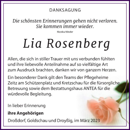 Traueranzeige von Lia Rosenberg von Trauerkombi Zeitz