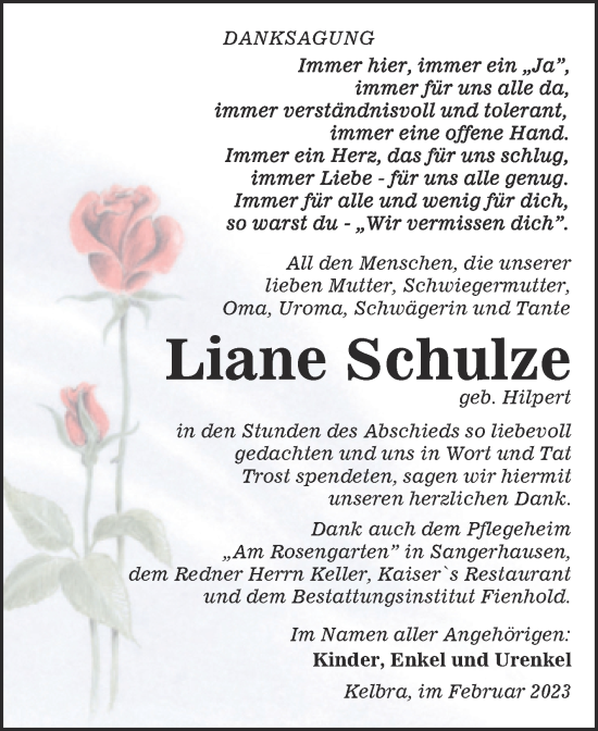 Traueranzeige von Liane Schulze von Trauerkombi Sangerhausen
