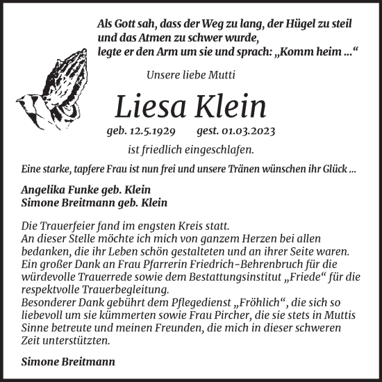 Traueranzeige von Liesa Klein von Trauerkombi Dessau