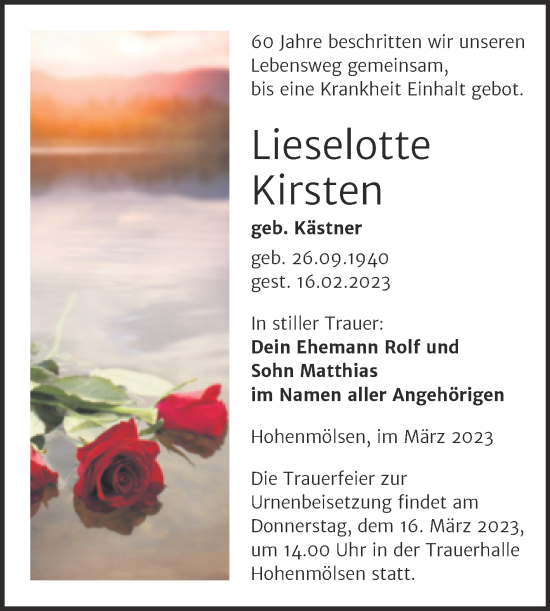 Traueranzeige von Lieselotte Kirsten von Trauerkombi Weißenfels