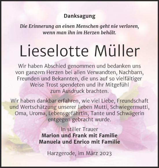 Traueranzeige von Lieselotte Müller von Trauerkombi Quedlinburg