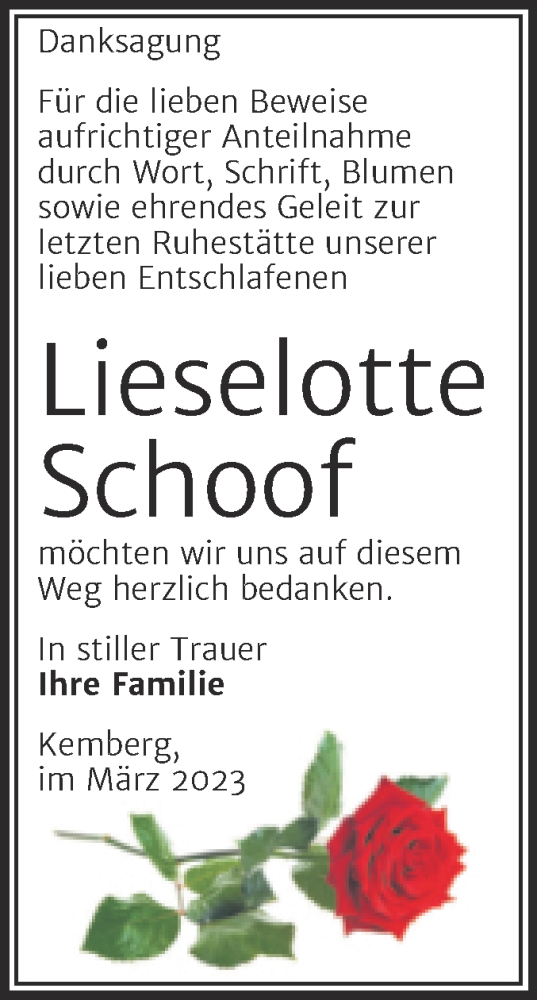 Traueranzeige von Lieselotte Schoof von Trauerkombi Wittenberg