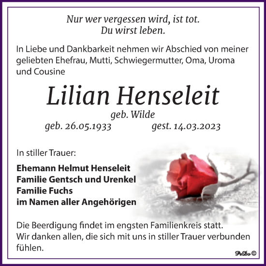 Traueranzeige von Lilian Henseleit von Trauerkombi Zeitz