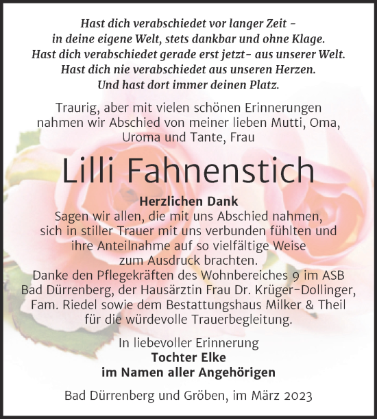 Traueranzeige von Lilli Fahnenstich von Trauerkombi Merseburg