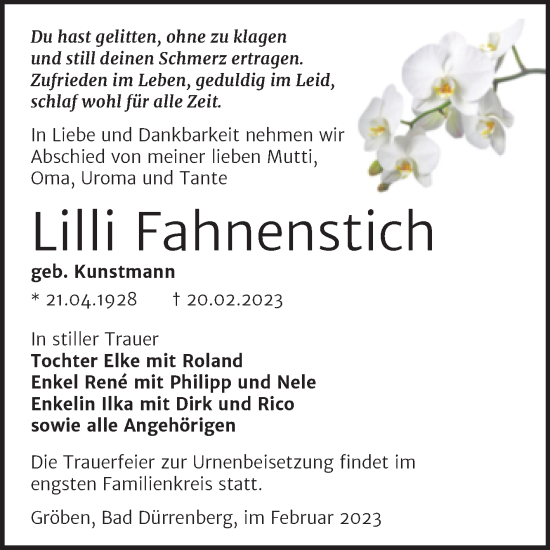 Traueranzeige von Lilli Fahnenstich von Trauerkombi Merseburg