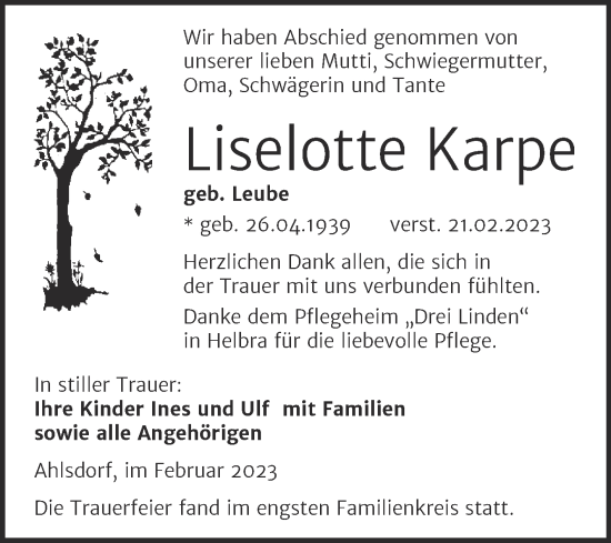 Traueranzeige von Liselotte Karpe von Trauerkombi Mansfelder Land