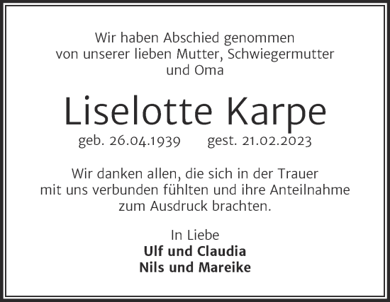 Traueranzeige von Liselotte Karpe von Mitteldeutsche Zeitung Halle/Saalkreis