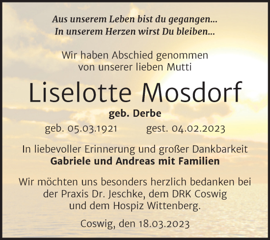 Traueranzeige von Liselotte Mosdorf von Trauerkombi Wittenberg