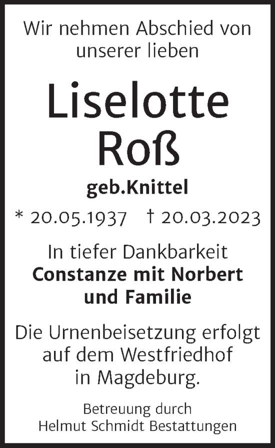 Traueranzeige von Liselotte Roß von Mitteldeutsche Zeitung Merseburg/Querfurt