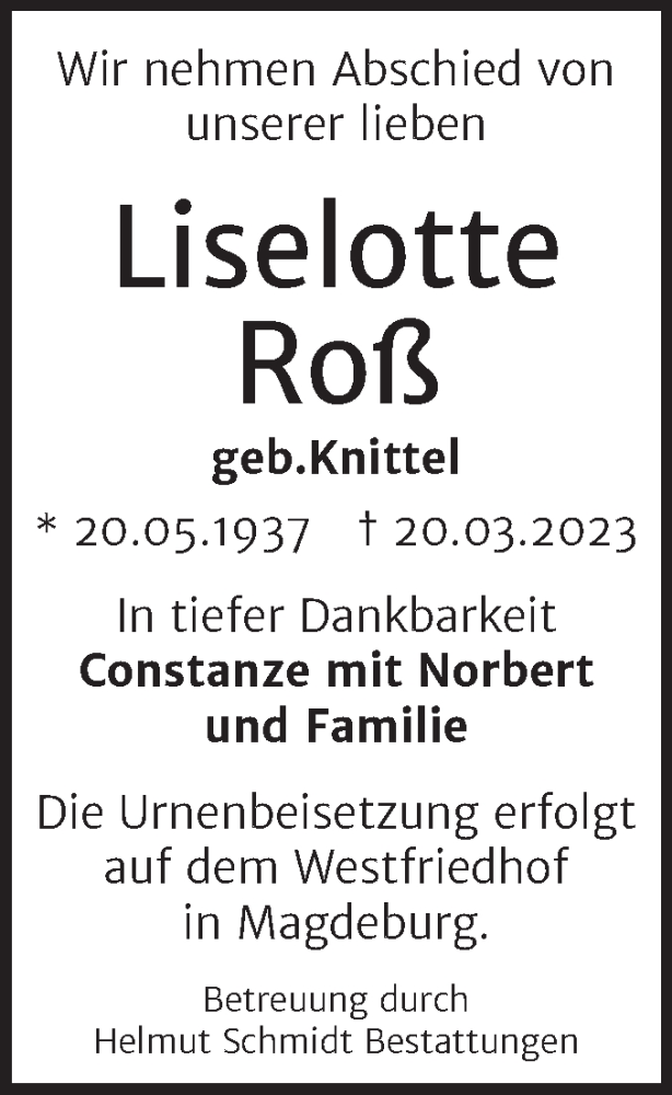  Traueranzeige für Liselotte Roß vom 25.03.2023 aus Mitteldeutsche Zeitung Merseburg/Querfurt