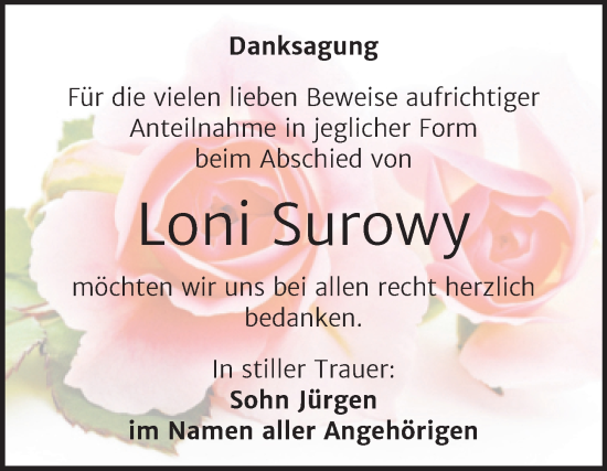 Traueranzeige von Loni Surowy von Trauerkombi Mansfelder Land