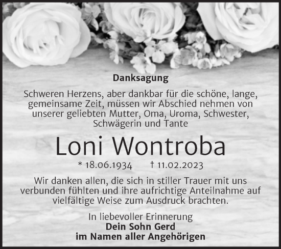 Traueranzeige von Loni Wontroba von Trauerkombi Mansfelder Land