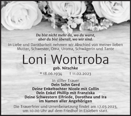 Traueranzeige von Loni Wontroba von Trauerkombi Mansfelder Land