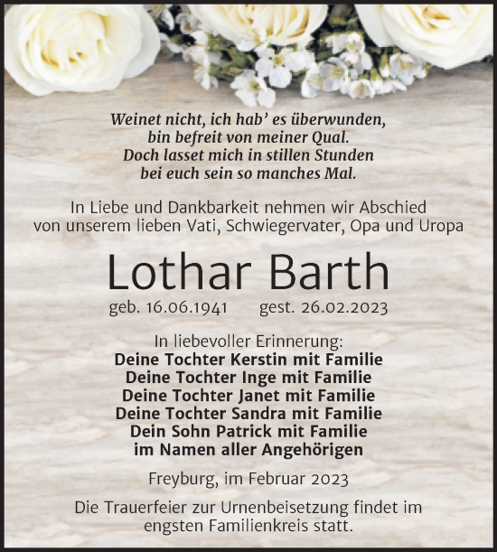 Traueranzeige von Lothar Barth von Wochenspiegel Naumburg/Nebra