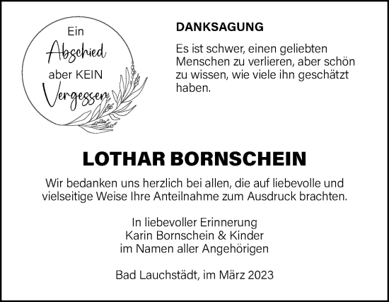 Traueranzeige von Lothar Bornschein von Super Sonntag Merseburg/Querfurt