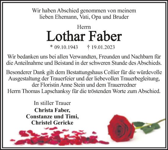 Traueranzeige von Lothar Faber von Trauerkombi Dessau