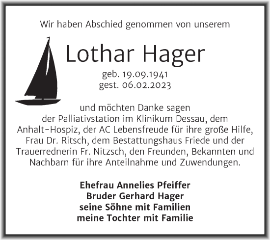 Traueranzeige von Lothar Hager von Trauerkombi Dessau