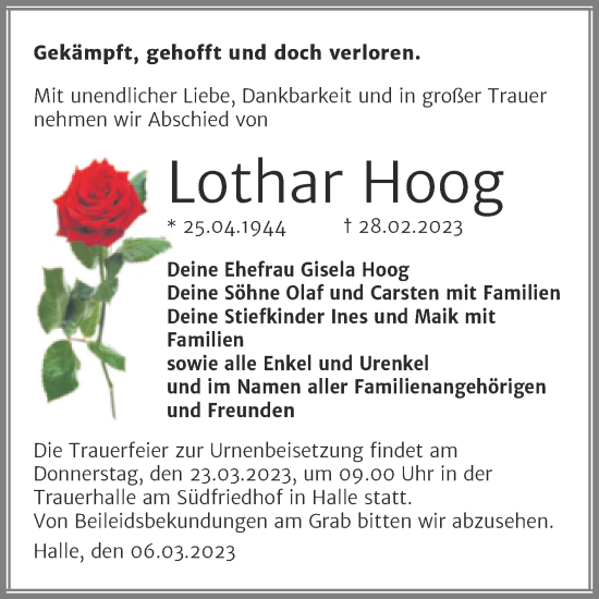 Traueranzeige von Lothar Hoog von Mitteldeutsche Zeitung Halle/Saalkreis
