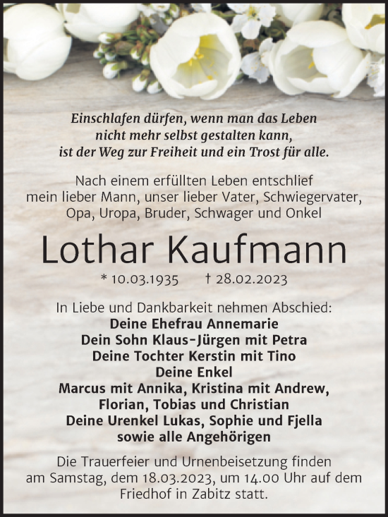 Traueranzeige von Lothar Kaufmann von Trauerkombi Köthen