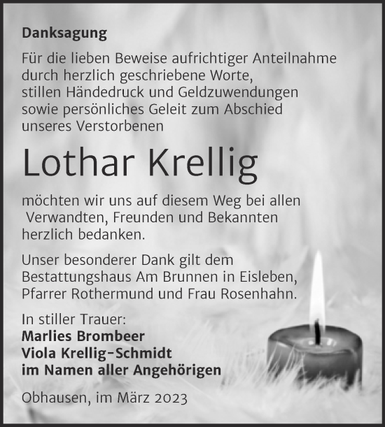 Traueranzeige von Lothar Krellig von Trauerkombi Merseburg
