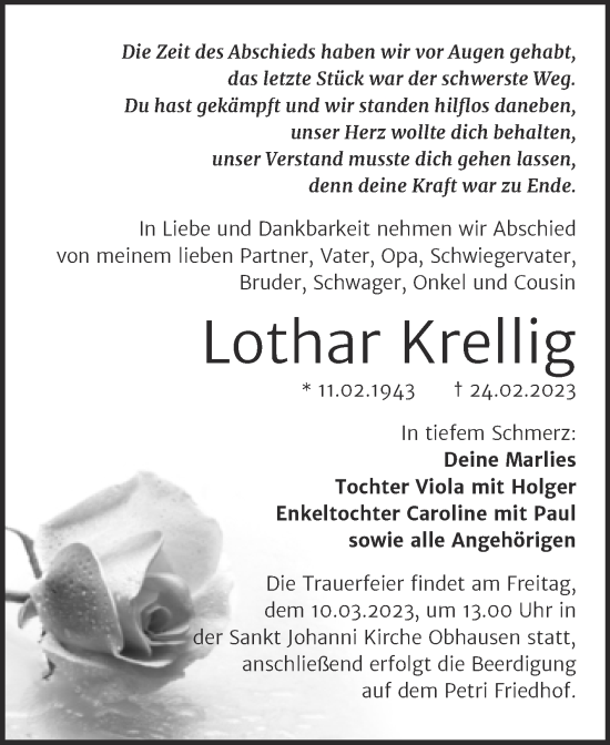 Traueranzeige von Lothar Krellig von Trauerkombi Merseburg