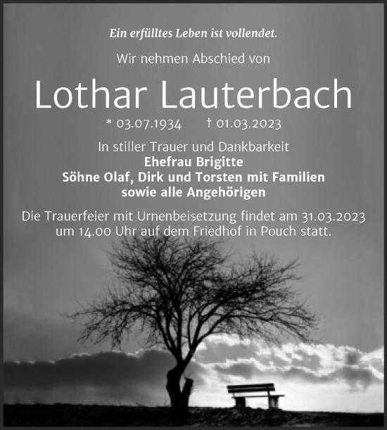 Traueranzeige von Lothar Lauterbach von Trauerkombi Bitterfeld