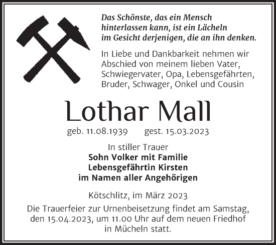 Traueranzeige von Lothar Mall von Trauerkombi Merseburg