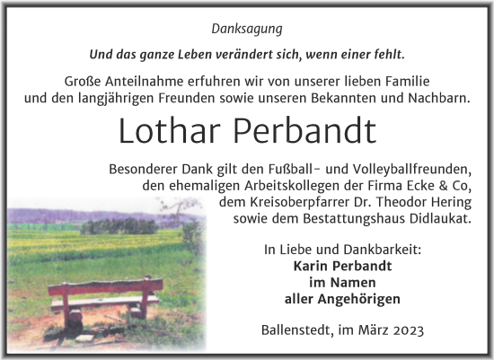Traueranzeige von Lothar Perbandt von Trauerkombi Quedlinburg
