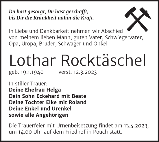 Traueranzeige von Lothar Rocktäschel von Trauerkombi Bitterfeld
