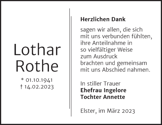 Traueranzeige von Lothar Rothe von Super Sonntag Wittenberg