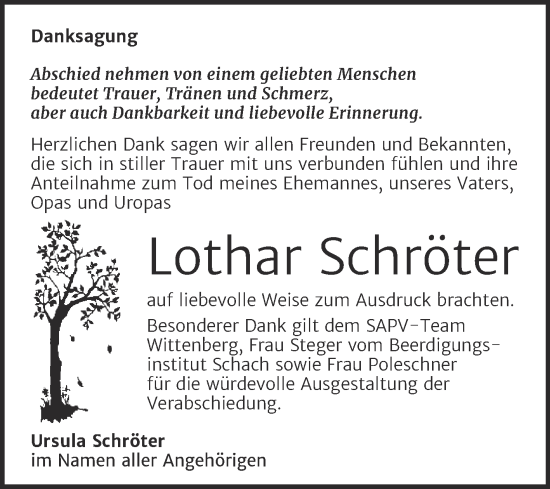 Traueranzeige von Lothar Schröter von Trauerkombi Wittenberg