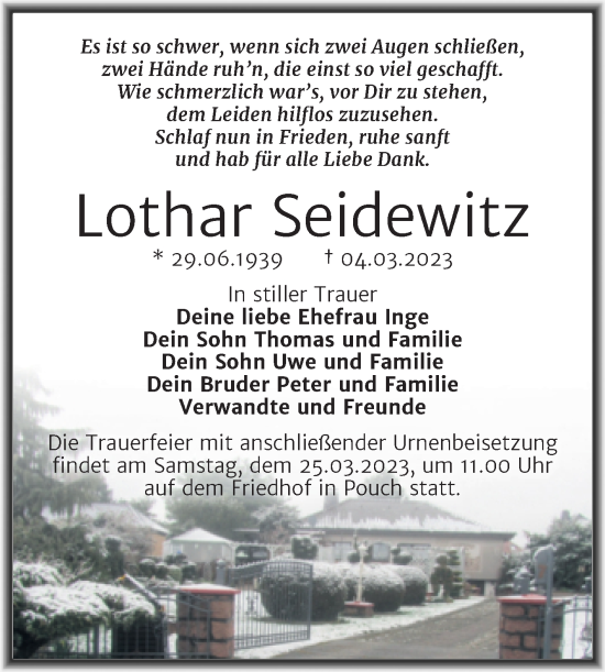 Traueranzeige von Lothar Seidewitz von Trauerkombi Bitterfeld