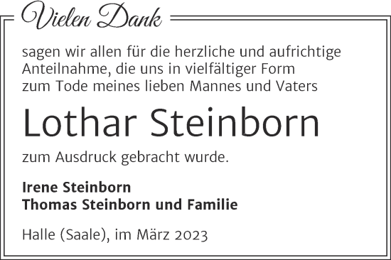 Traueranzeige von Lothar Steinborn von Mitteldeutsche Zeitung Halle/Saalkreis