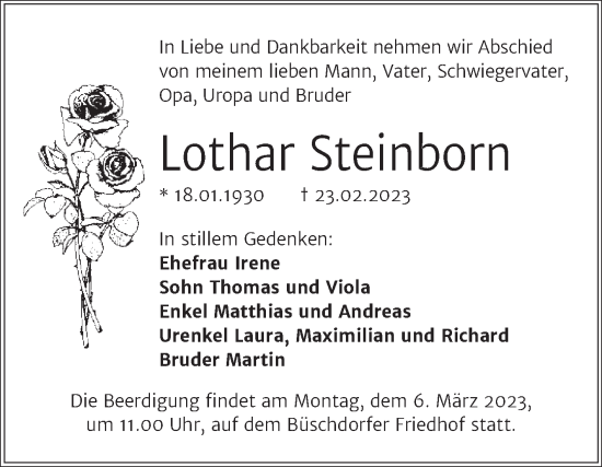 Traueranzeige von Lothar Steinborn von Mitteldeutsche Zeitung Halle/Saalkreis