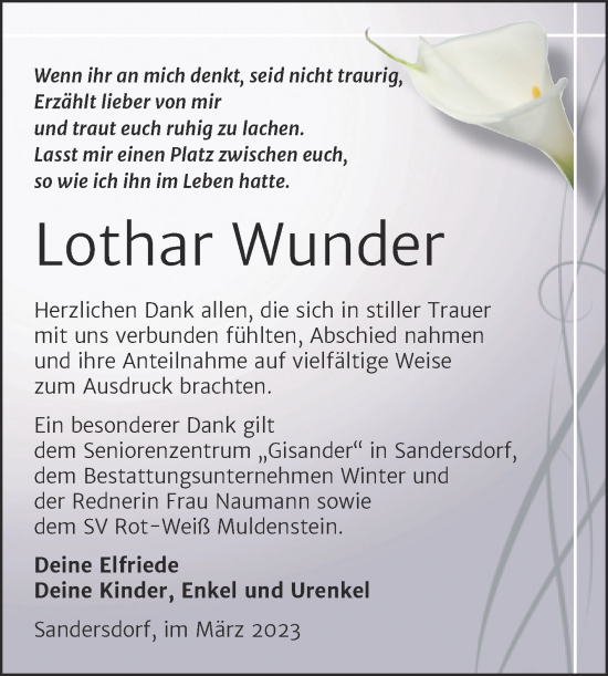 Traueranzeige von Lothar Wunder von Trauerkombi Bitterfeld