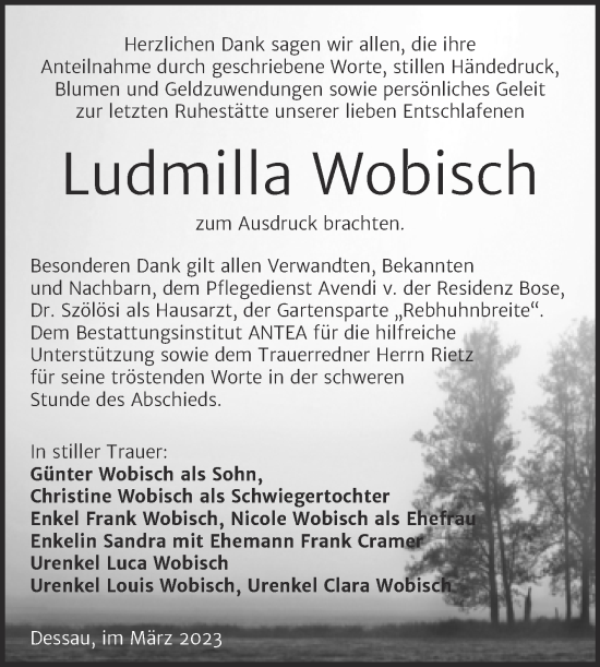 Traueranzeige von Ludmilla Wobisch von Trauerkombi Dessau