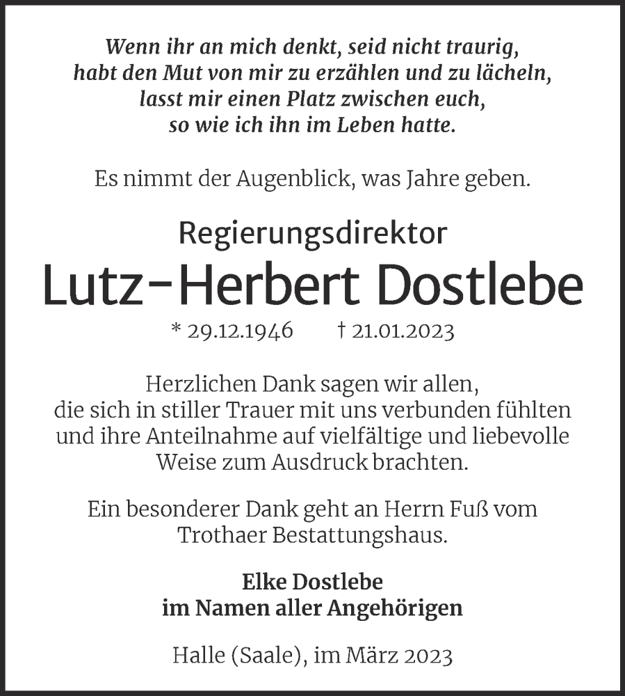  Traueranzeige für Lutz-Herbert Dostlebe vom 11.03.2023 aus Mitteldeutsche Zeitung Halle/Saalkreis