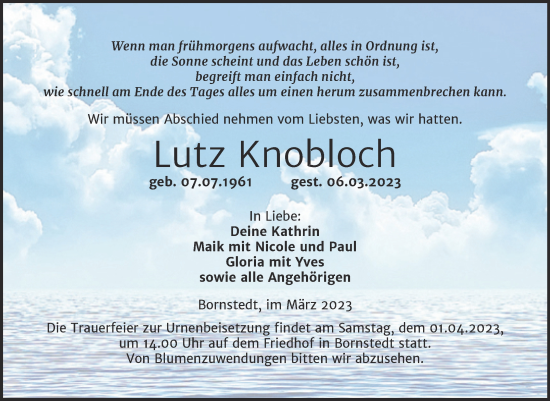 Traueranzeige von Lutz Knobloch von Trauerkombi Mansfelder Land